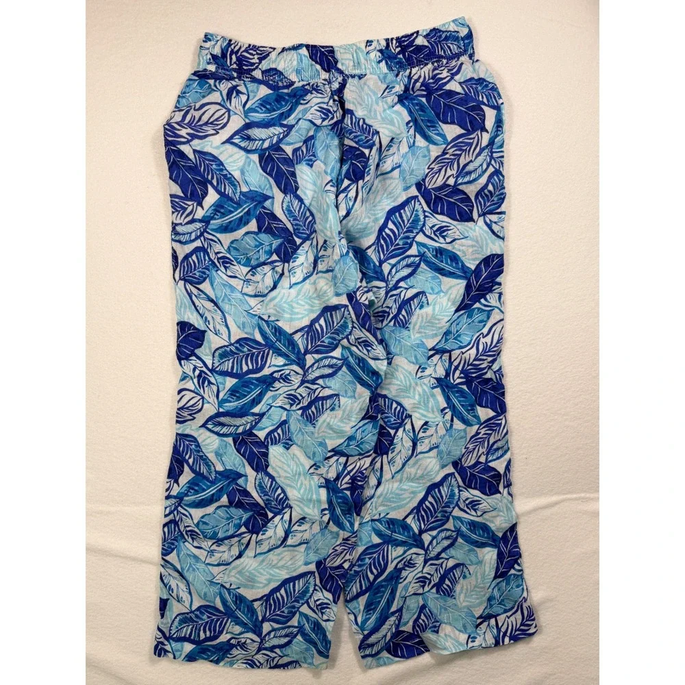 Sigrid Olsen Linen Tropical Leaf Pants Womens L Blue White Elastic Waist Tassel